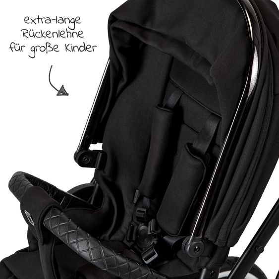 Moon 2in1 Kombi-Kinderwagen Rocca Edition + mit Lufträder, Babywanne, Sportsitz, Teleskopschieber & Matratze - bis 22 kg - Black Black Chrome