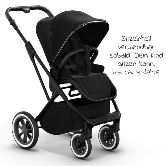 Moon 2in1 Kombi-Kinderwagen Rocca Edition + mit Lufträder, Babywanne, Sportsitz, Teleskopschieber & Matratze - bis 22 kg - Black Black Chrome