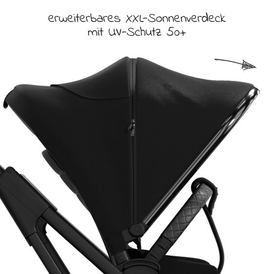 Moon 2in1 Kombi-Kinderwagen Rocca Edition + mit Lufträder, Babywanne, Sportsitz, Teleskopschieber & Matratze - bis 22 kg - Black Black Chrome