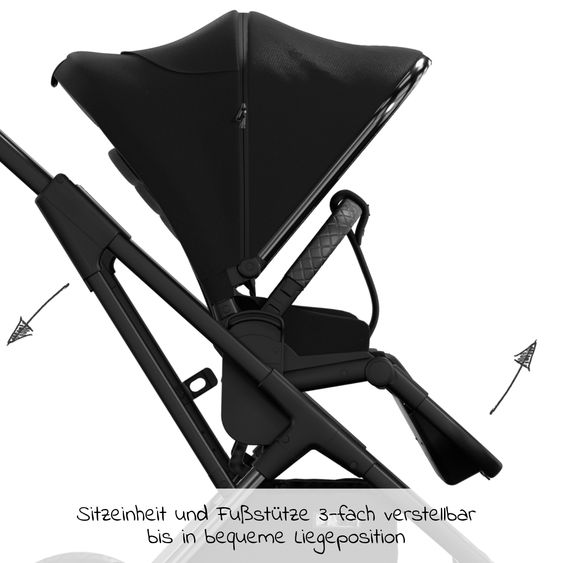 Moon 2in1 Kombi-Kinderwagen Rocca Edition + mit Lufträder, Babywanne, Sportsitz, Teleskopschieber & Matratze - bis 22 kg - Black Black Chrome
