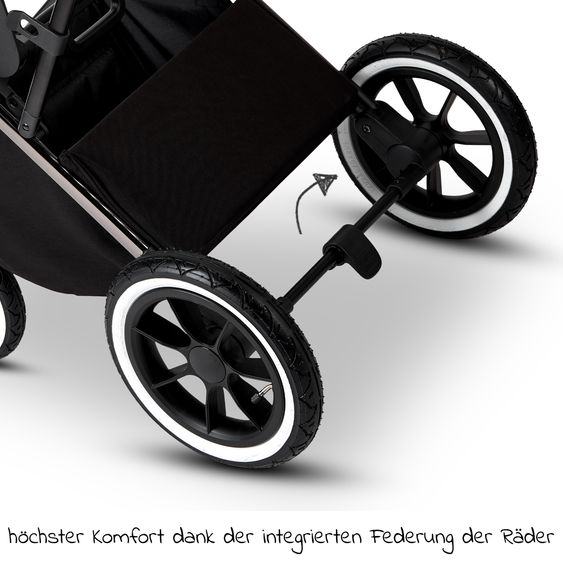 Moon 2in1 Kombi-Kinderwagen Rocca Edition + mit Lufträder, Babywanne, Sportsitz, Teleskopschieber & Matratze - bis 22 kg - Black Black Chrome