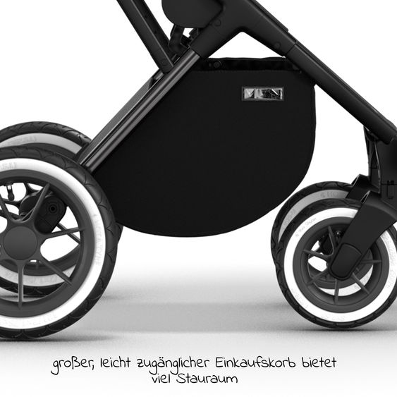 Moon 2in1 Kombi-Kinderwagen Rocca Edition + mit Lufträder, Babywanne, Sportsitz, Teleskopschieber & Matratze - bis 22 kg - Black Black Chrome