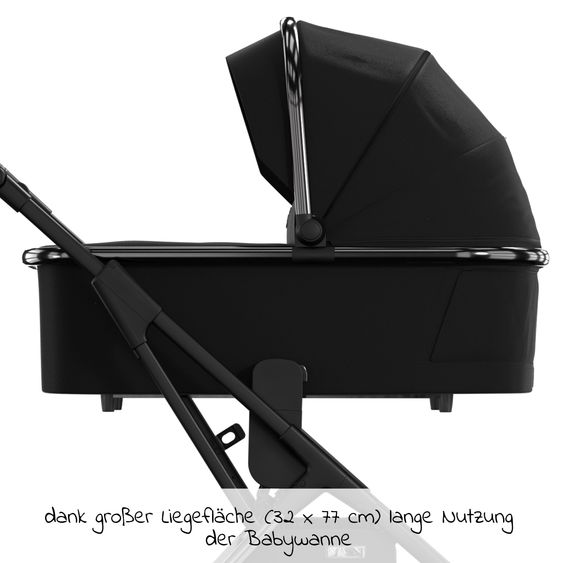 Moon 2in1 Kombi-Kinderwagen Rocca Edition + mit Lufträder, Babywanne, Sportsitz, Teleskopschieber & Matratze - bis 22 kg - Black Black Chrome