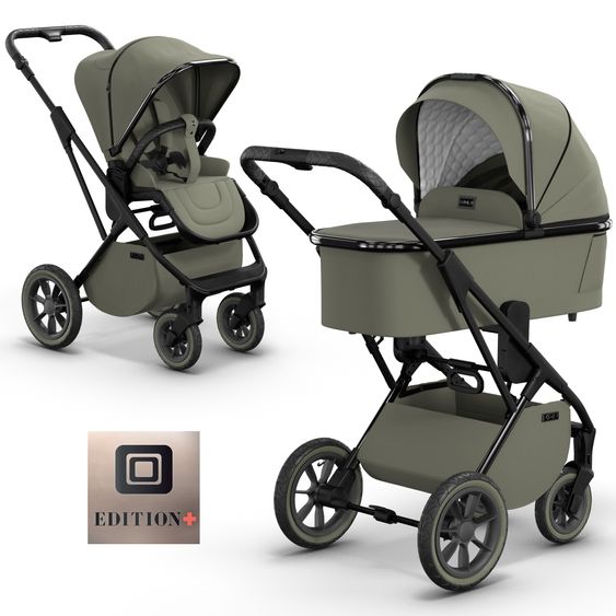 Moon 2in1 Kombi-Kinderwagen Rocca Edition + mit Lufträder, Babywanne, Sportsitz, Teleskopschieber & Matratze - bis 22 kg - Moss Grenn Black Chrome