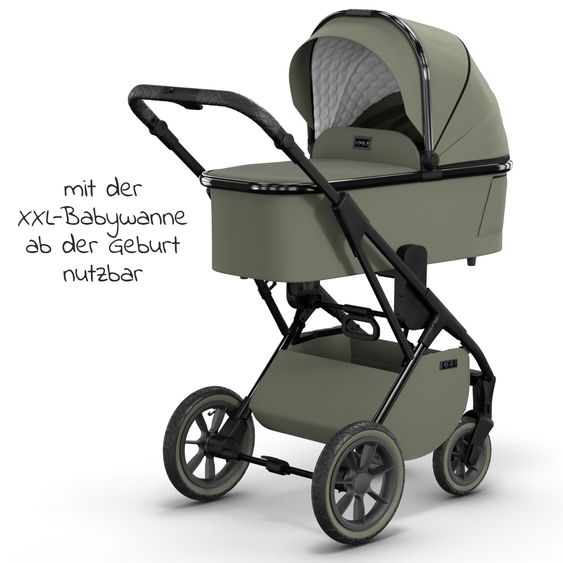Moon 2in1 Kombi-Kinderwagen Rocca Edition + mit Lufträder, Babywanne, Sportsitz, Teleskopschieber & Matratze - bis 22 kg - Moss Grenn Black Chrome