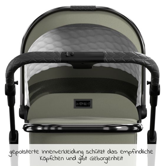 Moon 2in1 Kombi-Kinderwagen Rocca Edition + mit Lufträder, Babywanne, Sportsitz, Teleskopschieber & Matratze - bis 22 kg - Moss Grenn Black Chrome