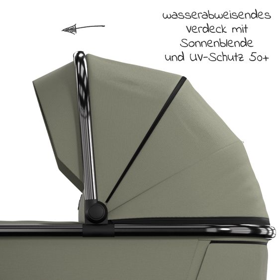Moon 2in1 Kombi-Kinderwagen Rocca Edition + mit Lufträder, Babywanne, Sportsitz, Teleskopschieber & Matratze - bis 22 kg - Moss Grenn Black Chrome