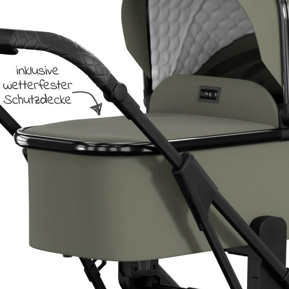 Moon 2in1 Kombi-Kinderwagen Rocca Edition + mit Lufträder, Babywanne, Sportsitz, Teleskopschieber & Matratze - bis 22 kg - Moss Grenn Black Chrome