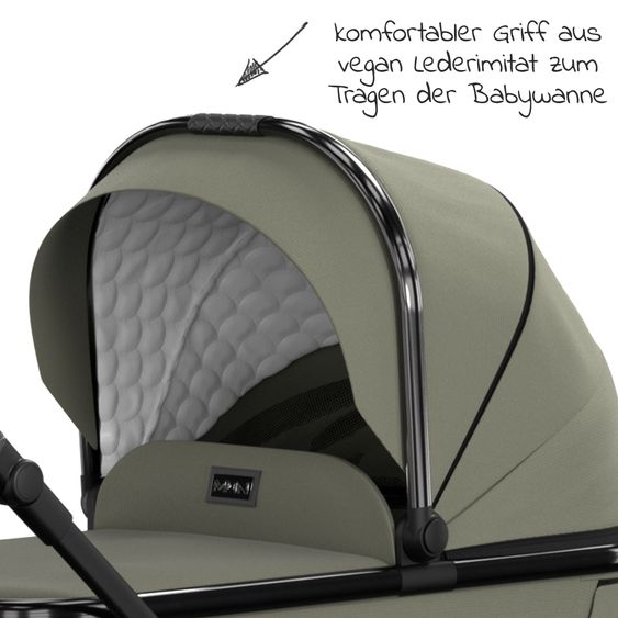 Moon 2in1 Kombi-Kinderwagen Rocca Edition + mit Lufträder, Babywanne, Sportsitz, Teleskopschieber & Matratze - bis 22 kg - Moss Grenn Black Chrome