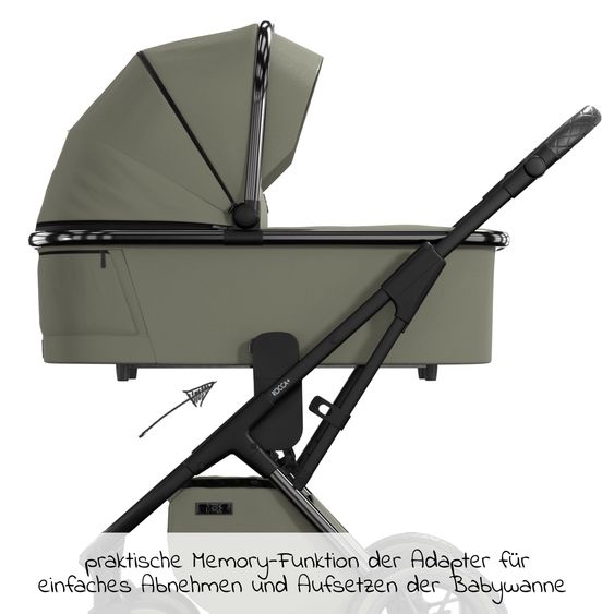 Moon 2in1 Kombi-Kinderwagen Rocca Edition + mit Lufträder, Babywanne, Sportsitz, Teleskopschieber & Matratze - bis 22 kg - Moss Grenn Black Chrome