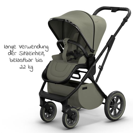 Moon 2in1 Kombi-Kinderwagen Rocca Edition + mit Lufträder, Babywanne, Sportsitz, Teleskopschieber & Matratze - bis 22 kg - Moss Grenn Black Chrome