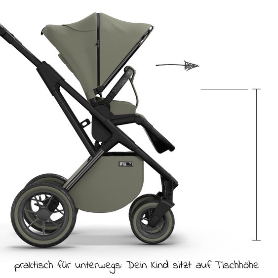Moon 2in1 Kombi-Kinderwagen Rocca Edition + mit Lufträder, Babywanne, Sportsitz, Teleskopschieber & Matratze - bis 22 kg - Moss Grenn Black Chrome