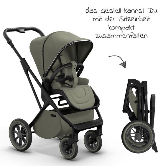 Moon 2in1 Kombi-Kinderwagen Rocca Edition + mit Lufträder, Babywanne, Sportsitz, Teleskopschieber & Matratze - bis 22 kg - Moss Grenn Black Chrome
