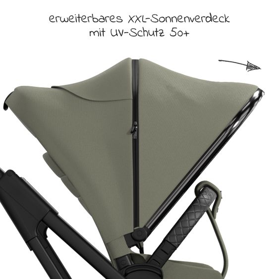 Moon 2in1 Kombi-Kinderwagen Rocca Edition + mit Lufträder, Babywanne, Sportsitz, Teleskopschieber & Matratze - bis 22 kg - Moss Grenn Black Chrome