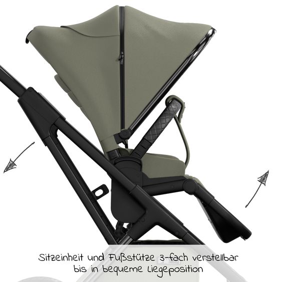 Moon 2in1 Kombi-Kinderwagen Rocca Edition + mit Lufträder, Babywanne, Sportsitz, Teleskopschieber & Matratze - bis 22 kg - Moss Grenn Black Chrome