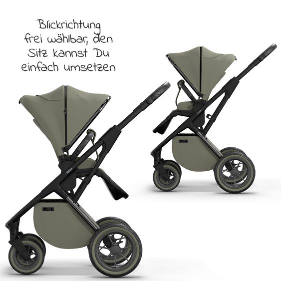 Moon 2in1 Kombi-Kinderwagen Rocca Edition + mit Lufträder, Babywanne, Sportsitz, Teleskopschieber & Matratze - bis 22 kg - Moss Grenn Black Chrome