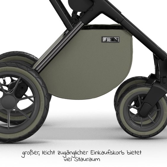 Moon 2in1 Kombi-Kinderwagen Rocca Edition + mit Lufträder, Babywanne, Sportsitz, Teleskopschieber & Matratze - bis 22 kg - Moss Grenn Black Chrome