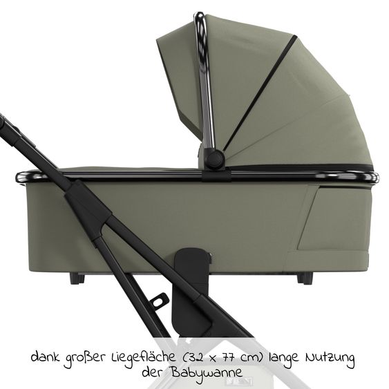 Moon 2in1 Kombi-Kinderwagen Rocca Edition + mit Lufträder, Babywanne, Sportsitz, Teleskopschieber & Matratze - bis 22 kg - Moss Grenn Black Chrome