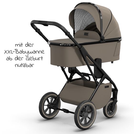 Moon 2in1 Kombi-Kinderwagen Rocca Edition + mit Lufträder, Babywanne, Sportsitz, Teleskopschieber & Matratze - bis 22 kg - Mud Black Chrome
