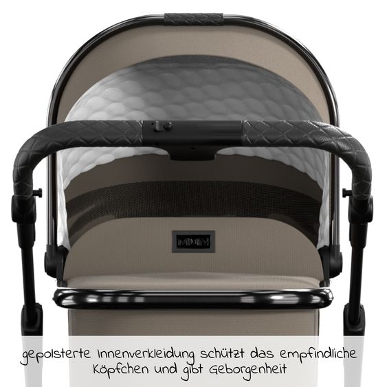 Moon 2in1 Kombi-Kinderwagen Rocca Edition + mit Lufträder, Babywanne, Sportsitz, Teleskopschieber & Matratze - bis 22 kg - Mud Black Chrome