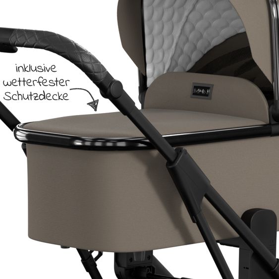 Moon 2in1 Kombi-Kinderwagen Rocca Edition + mit Lufträder, Babywanne, Sportsitz, Teleskopschieber & Matratze - bis 22 kg - Mud Black Chrome