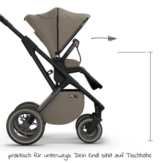 Moon 2in1 Kombi-Kinderwagen Rocca Edition + mit Lufträder, Babywanne, Sportsitz, Teleskopschieber & Matratze - bis 22 kg - Mud Black Chrome