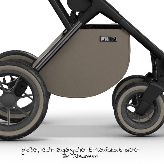 Moon 2in1 Kombi-Kinderwagen Rocca Edition + mit Lufträder, Babywanne, Sportsitz, Teleskopschieber & Matratze - bis 22 kg - Mud Black Chrome
