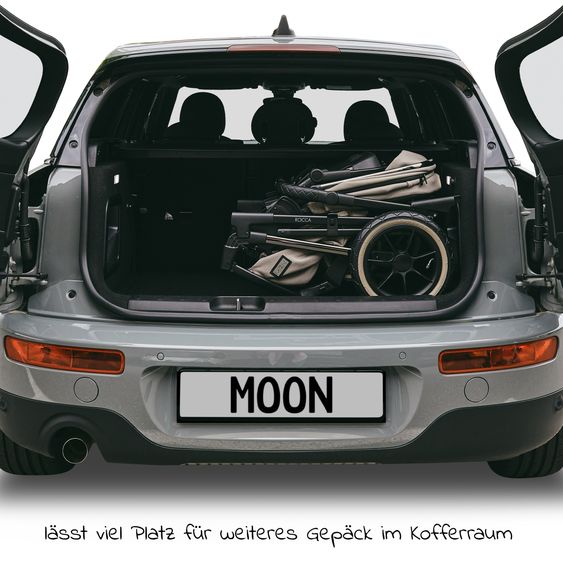 Moon 2in1 Kombi-Kinderwagen Rocca Edition + mit Lufträder, Babywanne, Sportsitz, Teleskopschieber & Matratze - bis 22 kg - Mud Black Chrome