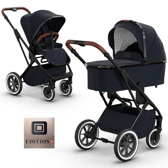 Moon 2in1 Kombi-Kinderwagen Rocca Edition + mit Lufträder, Babywanne, Sportsitz, Teleskopschieber & Matratze - bis 22 kg - Navy Silver Chrome