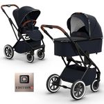 2in1 Kombi-Kinderwagen Rocca Edition + mit Lufträder, Babywanne, Sportsitz, Teleskopschieber & Matratze - bis 22 kg - Navy Silver Chrome