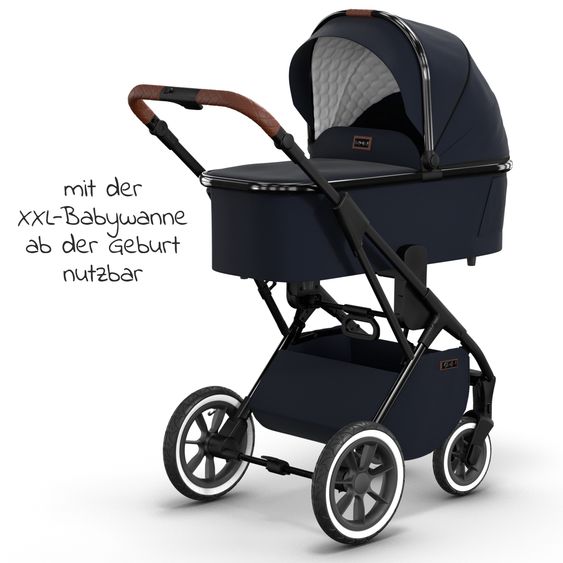 Moon 2in1 Kombi-Kinderwagen Rocca Edition + mit Lufträder, Babywanne, Sportsitz, Teleskopschieber & Matratze - bis 22 kg - Navy Silver Chrome