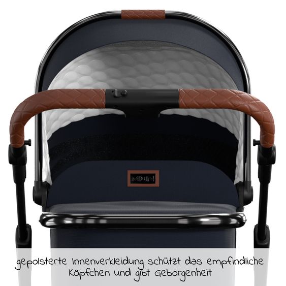 Moon 2in1 Kombi-Kinderwagen Rocca Edition + mit Lufträder, Babywanne, Sportsitz, Teleskopschieber & Matratze - bis 22 kg - Navy Silver Chrome