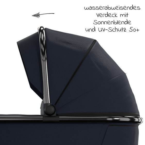 Moon 2in1 Kombi-Kinderwagen Rocca Edition + mit Lufträder, Babywanne, Sportsitz, Teleskopschieber & Matratze - bis 22 kg - Navy Silver Chrome