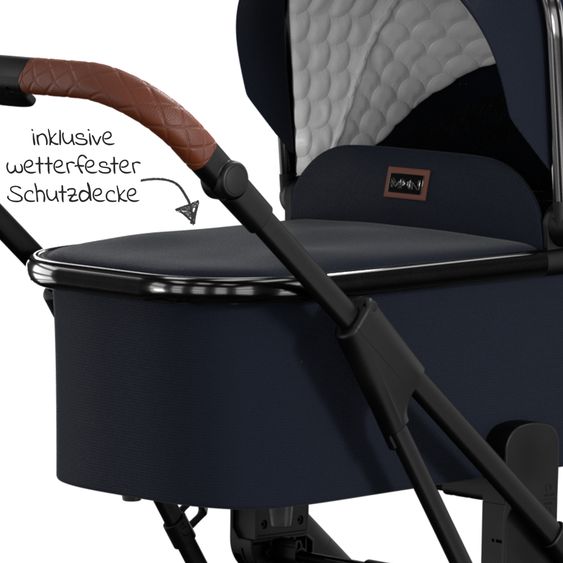 Moon 2in1 Kombi-Kinderwagen Rocca Edition + mit Lufträder, Babywanne, Sportsitz, Teleskopschieber & Matratze - bis 22 kg - Navy Silver Chrome
