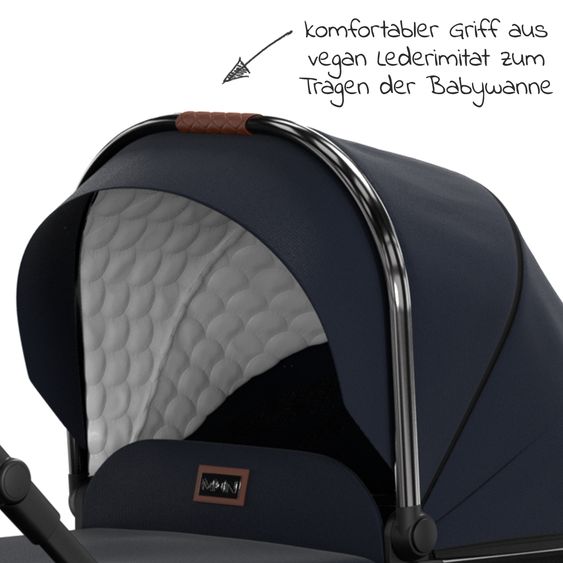 Moon 2in1 Kombi-Kinderwagen Rocca Edition + mit Lufträder, Babywanne, Sportsitz, Teleskopschieber & Matratze - bis 22 kg - Navy Silver Chrome