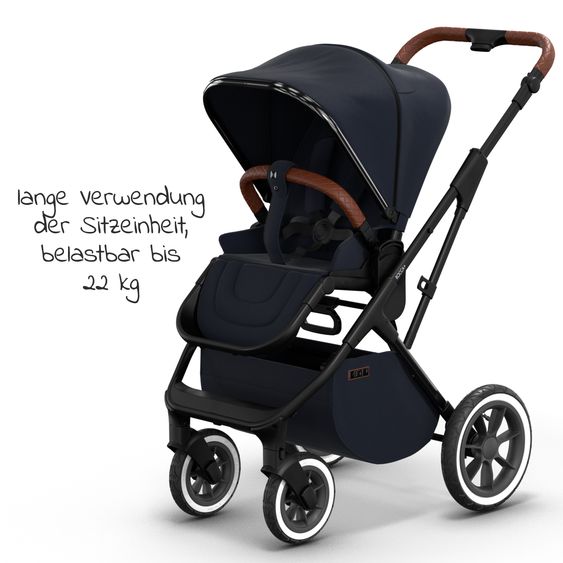 Moon 2in1 Kombi-Kinderwagen Rocca Edition + mit Lufträder, Babywanne, Sportsitz, Teleskopschieber & Matratze - bis 22 kg - Navy Silver Chrome