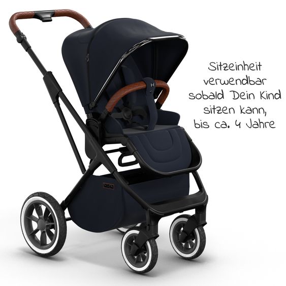 Moon 2in1 Kombi-Kinderwagen Rocca Edition + mit Lufträder, Babywanne, Sportsitz, Teleskopschieber & Matratze - bis 22 kg - Navy Silver Chrome