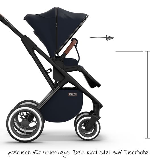 Moon 2in1 Kombi-Kinderwagen Rocca Edition + mit Lufträder, Babywanne, Sportsitz, Teleskopschieber & Matratze - bis 22 kg - Navy Silver Chrome