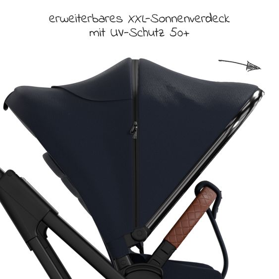 Moon 2in1 Kombi-Kinderwagen Rocca Edition + mit Lufträder, Babywanne, Sportsitz, Teleskopschieber & Matratze - bis 22 kg - Navy Silver Chrome