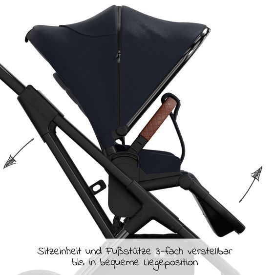 Moon 2in1 Kombi-Kinderwagen Rocca Edition + mit Lufträder, Babywanne, Sportsitz, Teleskopschieber & Matratze - bis 22 kg - Navy Silver Chrome