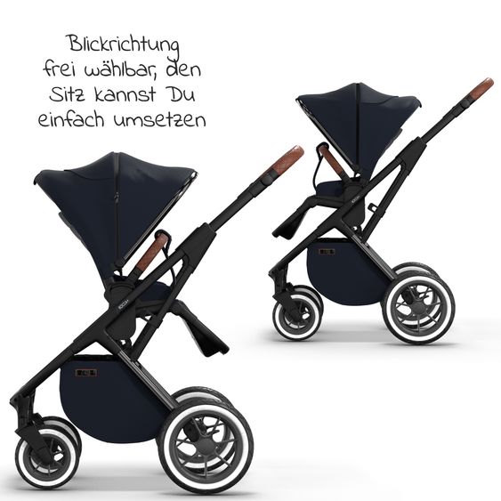 Moon 2in1 Kombi-Kinderwagen Rocca Edition + mit Lufträder, Babywanne, Sportsitz, Teleskopschieber & Matratze - bis 22 kg - Navy Silver Chrome