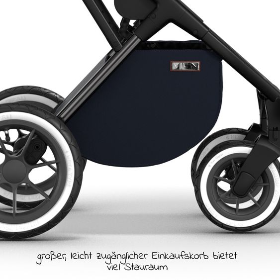 Moon 2in1 Kombi-Kinderwagen Rocca Edition + mit Lufträder, Babywanne, Sportsitz, Teleskopschieber & Matratze - bis 22 kg - Navy Silver Chrome
