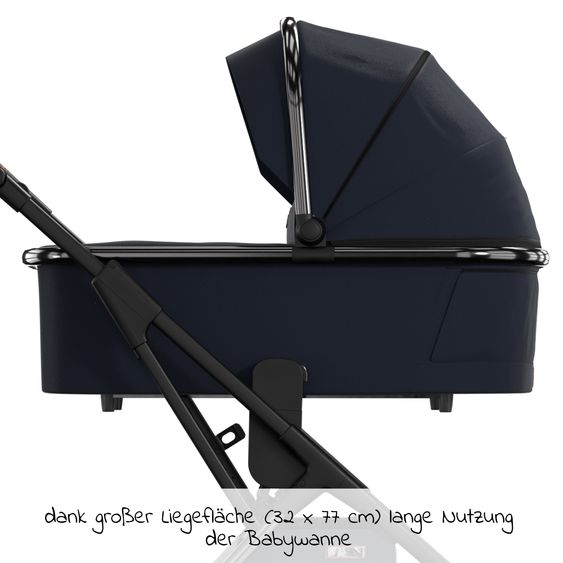 Moon 2in1 Kombi-Kinderwagen Rocca Edition + mit Lufträder, Babywanne, Sportsitz, Teleskopschieber & Matratze - bis 22 kg - Navy Silver Chrome