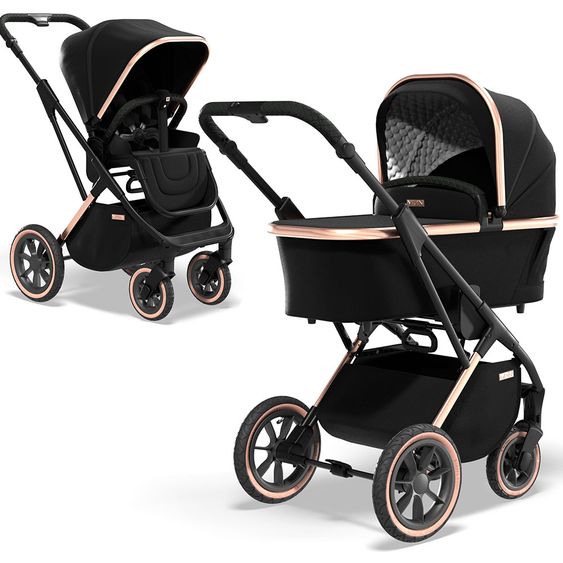 Moon 2in1 Kombi-Kinderwagen Rocca Edition mit Sportsitz, Babywanne & Matratze, Lufträder - bis 22 kg - Black Rose Gold