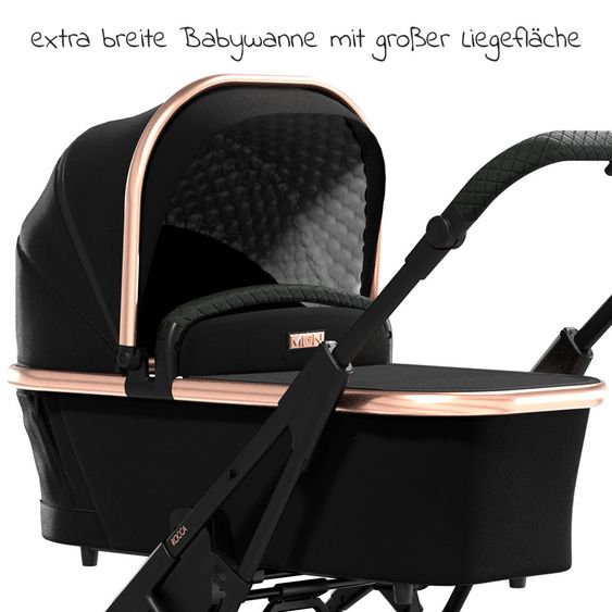 Moon 2in1 Kombi-Kinderwagen Rocca Edition mit Sportsitz, Babywanne & Matratze, Lufträder - bis 22 kg - Black Rose Gold