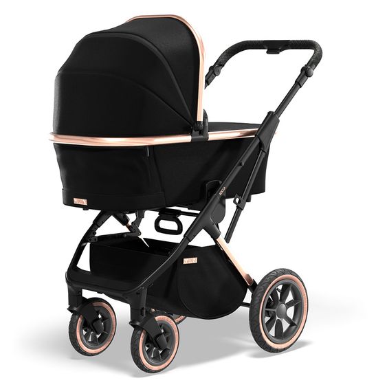 Moon 2in1 Kombi-Kinderwagen Rocca Edition mit Sportsitz, Babywanne & Matratze, Lufträder - bis 22 kg - Black Rose Gold