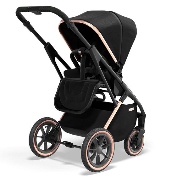 Moon 2in1 Kombi-Kinderwagen Rocca Edition mit Sportsitz, Babywanne & Matratze, Lufträder - bis 22 kg - Black Rose Gold