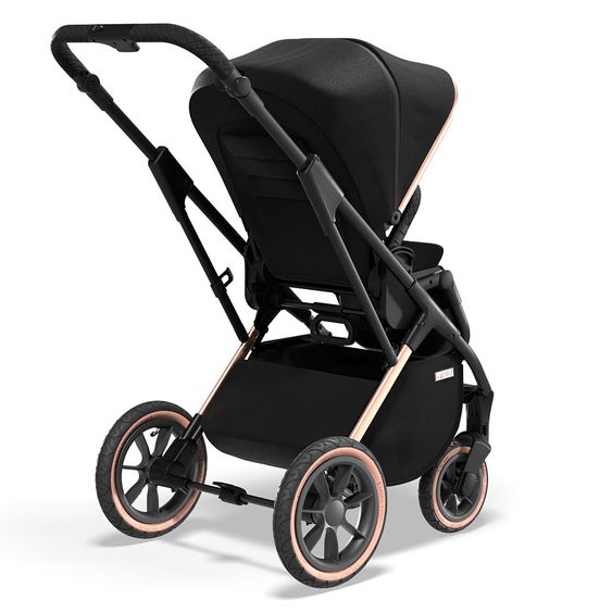 Moon 2in1 Kombi-Kinderwagen Rocca Edition mit Sportsitz, Babywanne & Matratze, Lufträder - bis 22 kg - Black Rose Gold