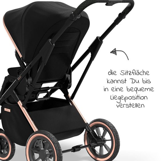 Moon 2in1 Kombi-Kinderwagen Rocca Edition mit Sportsitz, Babywanne & Matratze, Lufträder - bis 22 kg - Black Rose Gold