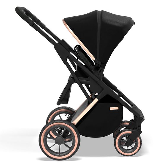 Moon 2in1 Kombi-Kinderwagen Rocca Edition mit Sportsitz, Babywanne & Matratze, Lufträder - bis 22 kg - Black Rose Gold